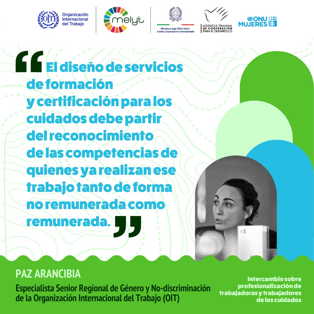 ONUMujeres's tweet image. 💬 @aranzibiapaz, Especialista Senior Regional de Género y No-discriminación de la @OITAmericas en diálogo «Intercambio sobre profesionalización de trabajadoras y trabajadores de los cuidados». #HablemosDeCuidados