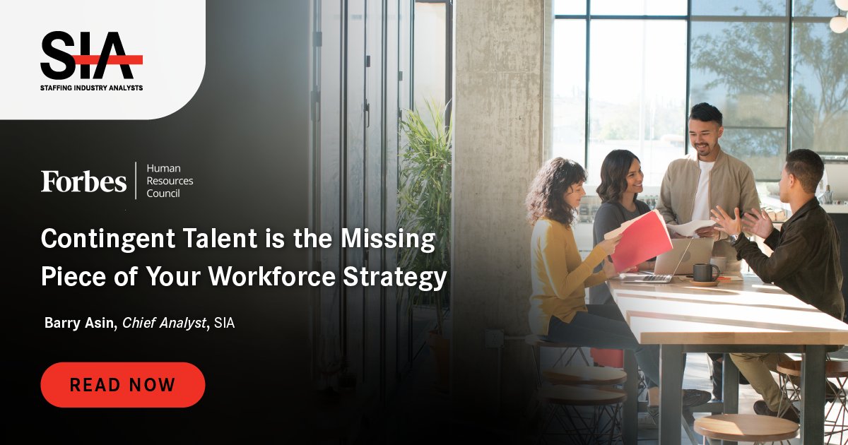 SIA is proud to share Chief Analyst Barry Asin's first article for the Forbes Human Resources Council!

Read how Total Talent Acquisition enriches workforce strategies >> forbes.com/sites/forbeshu…

#staffing #humanresources #contingentworkforce #flexiblework #leadership #research
