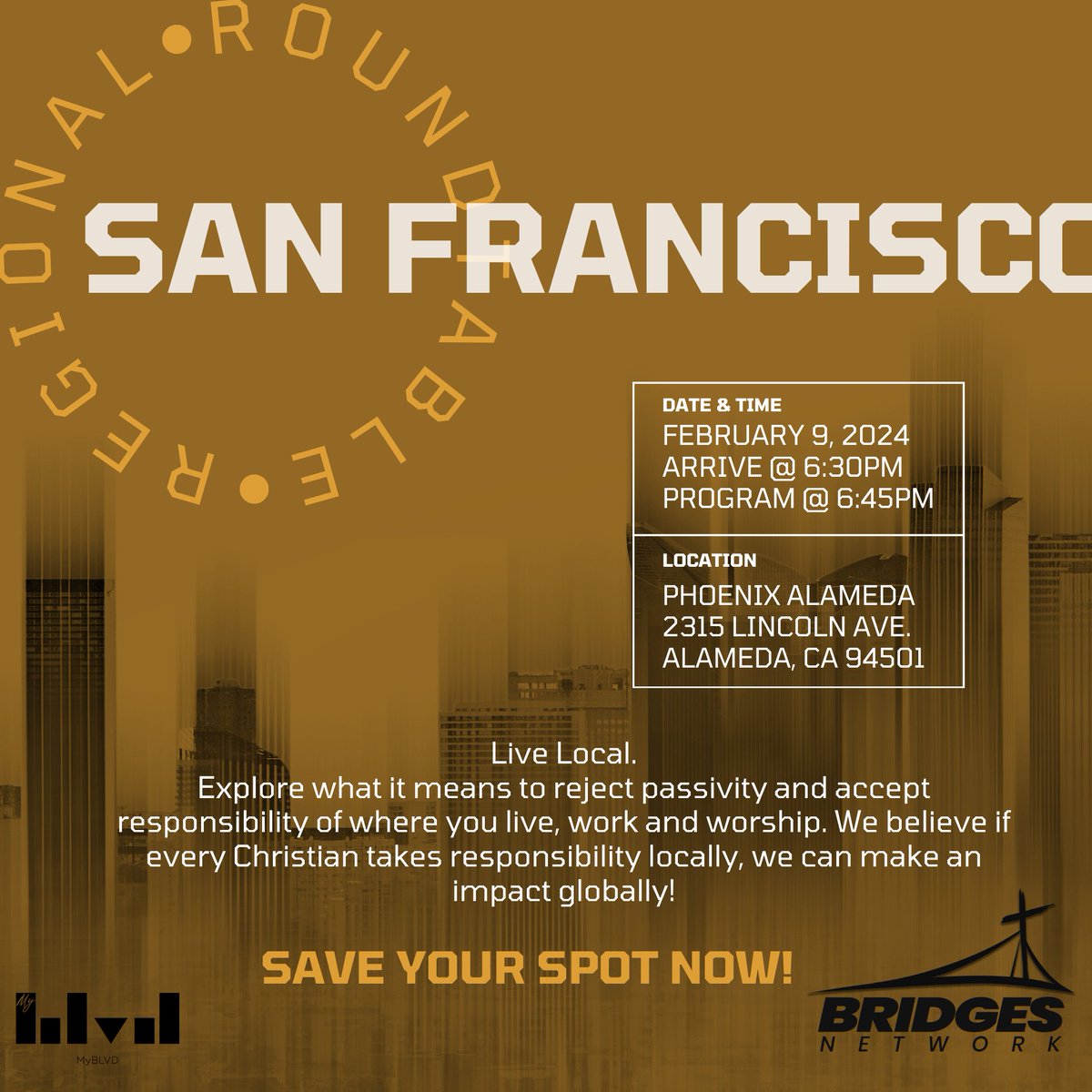 Bay Area, we're heading your way! It's not too late to join us for the Regional Roundtable tomorrow night. 

Explore what it means to reject passivity and accept responsibility of where you live, work and worship.

Save your spot now at the link in bio!