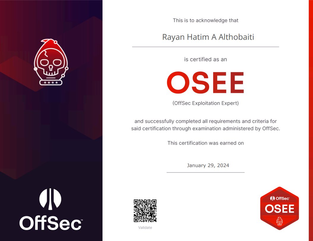Diefunction (@diefunction) on Twitter photo Thrilled to announce that I've officially earned my OSEE certification! 🎉 A journey filled with challenges and immense learning. Thank you to everyone who supported me along the way. <a href="/offsec/">Oliver Langoria</a> #OSEE
الحمدلله اليوم أجتزت إختبار OSEE وحصلت على الشهاده, الكورس كان جداً ممتع ورحله Thrilled to announce that I've officially earned my OSEE certification! 🎉 A journey filled with challenges and immense learning. Thank you to everyone who supported me along the way. <a href="/offsec/">Oliver Langoria</a> #OSEE
الحمدلله اليوم أجتزت إختبار OSEE وحصلت على الشهاده, الكورس كان جداً ممتع ورحله