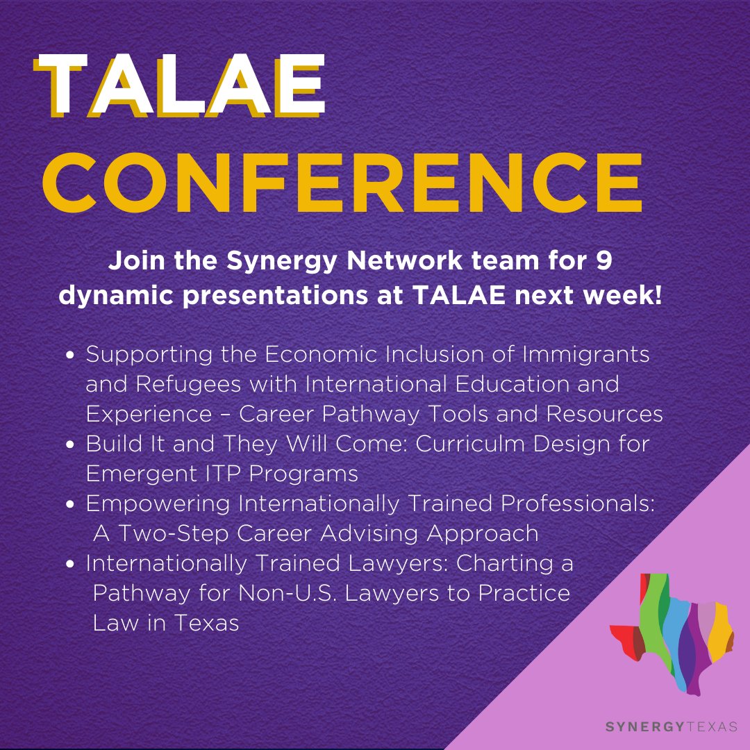 SynergyTexas's tweet photo. Coming to #TALAE2024 in San Antonio next week? Make plans to join us at one of our 9 power-packed sessions on best practices in serving Internationally Trained Professionals. 🧑‍🏫📖
*Register here: https://t.co/Lf7uMHBN22 https://t.co/abzjsTioXu