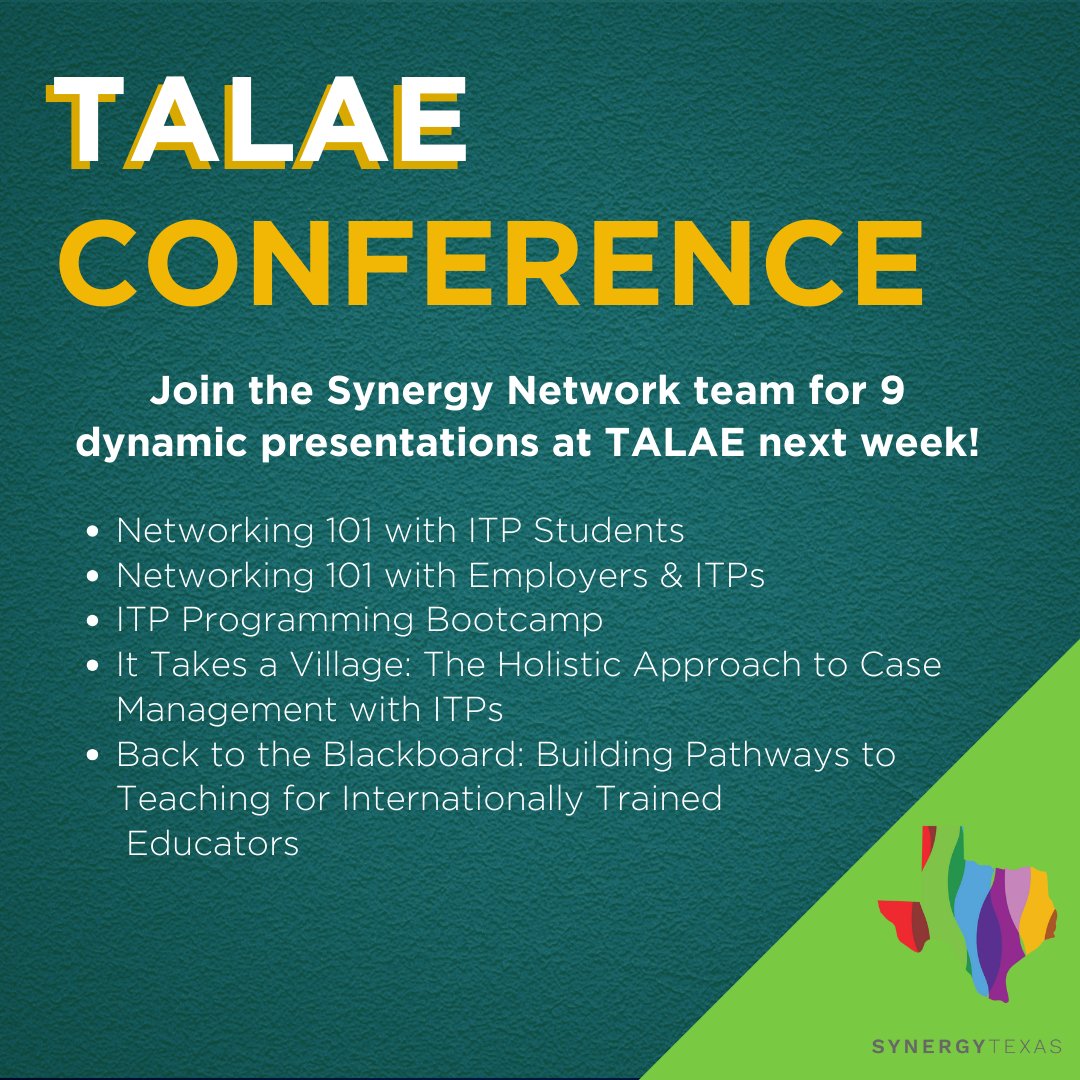 SynergyTexas's tweet photo. Coming to #TALAE2024 in San Antonio next week? Make plans to join us at one of our 9 power-packed sessions on best practices in serving Internationally Trained Professionals. 🧑‍🏫📖
*Register here: https://t.co/Lf7uMHBN22 https://t.co/abzjsTioXu