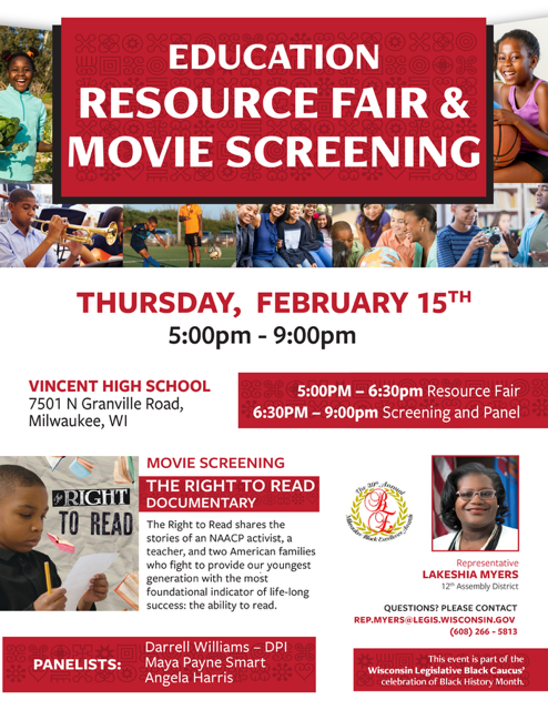 RepMyers's tweet photo. As a part of the WI Legislative Black Caucus Celebration of Black History Month I will be hosting Education Week 2/12-2/16.  We have several exciting events taking place and invite you to come be a part of them. All events are FREE and open to the public. https://t.co/bQ5BK78FxQ