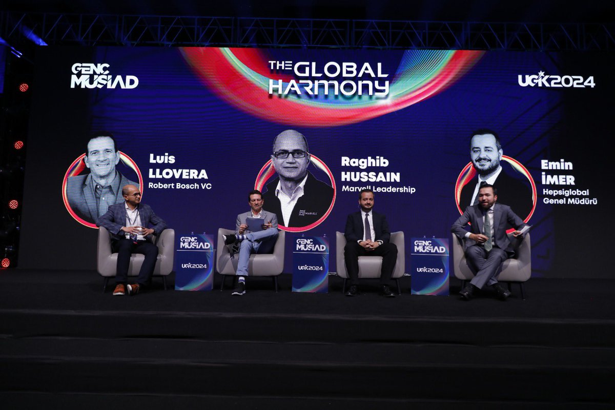 UGİK2024 The Global Harmony Zirvesi “Opportunity” oturumunda yer alan “Next Era” panelinde Sn. Erdem Dereli moderatörlüğünde, Robert Bosch Venture Capital Genel Müdürü Luis Llovera, Marvell Leadership Başkanı Raghib Hussein ve HepsiGlobal Genel Müdürü Sn. Emin İmer konuşmalarını