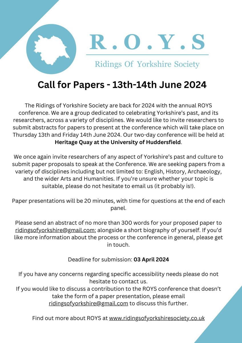 Thinking of submitting a paper to ROYS but not attended before? Why not have a look at how our previous conferences have taken before shape in our new programme archive at ridingsofyorkshiresociety.co.uk/programme-arch…

You can find 2024's call for papers below 👇