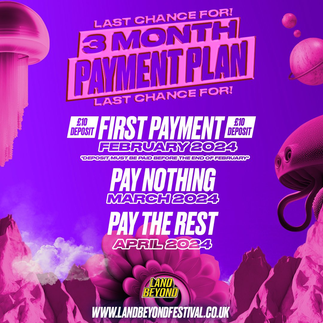 Girl Math your way to Land Beyond 🚨

Pay a £10 Deposit today to secure your ticket. 
Pay NOTHING in March.
Pay the rest in April ✅ 

Basically Free 🤷🏼‍♀️

🔗 skiddle.com/festivals/land… 
1) Select Buy Tickets 
2) Scroll down to Payment Plans