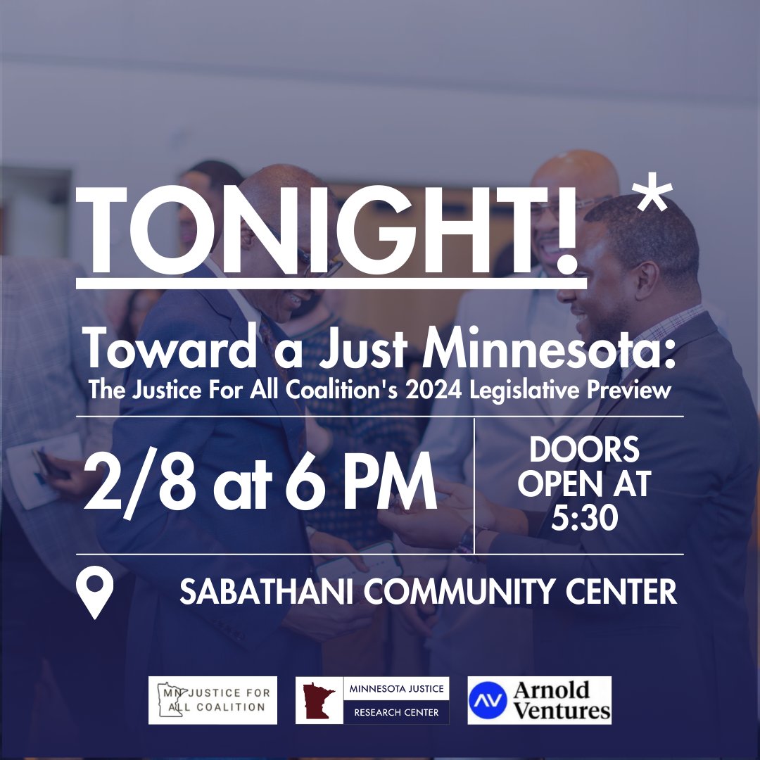 Happening TODAY! Join us TONIGHT for conversations about the justice policy and priorities in the 2024 legislative session. RSVP: mnjrc.org/event-details/…