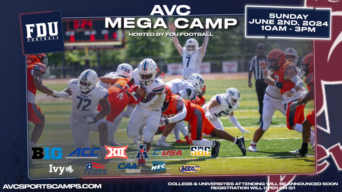 We are back for Round 2 of the AVC Football Mega Camp (hosted by @FDUFootball) 🗓️June 2nd (Sunday) 📍FDU- Florham Campus ⏰10AM Registration and Testing begins 🔗avcsportscamps.com Pre-registration will open on 3/1 and will close once camp reaches capacity