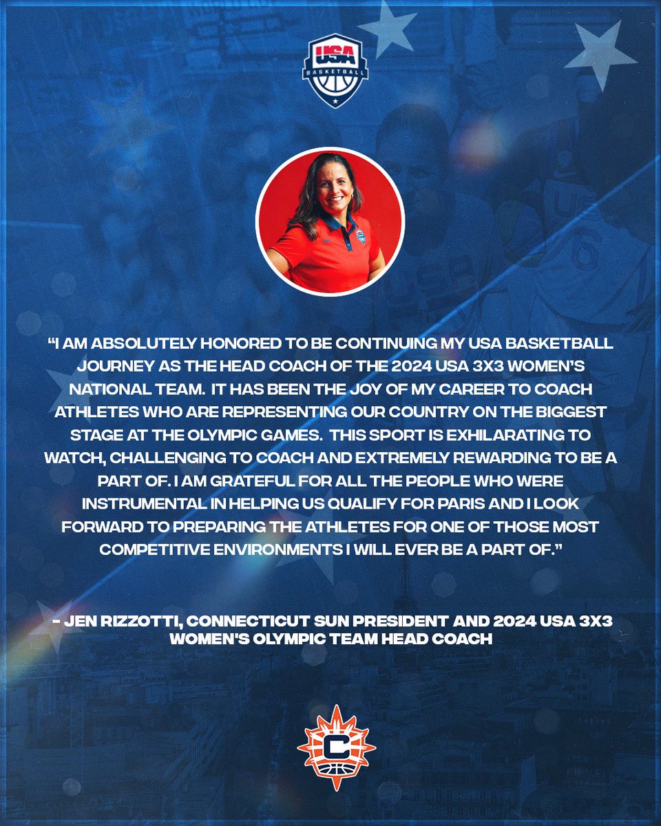 ConnecticutSun's tweet photo. The one and only‼️

Congrats to our president Jennifer Rizzotti for being named 2024 USA 3x3 Women’s Olympic Team Head Coach! https://t.co/UjWNVbOtUB