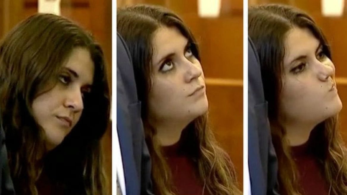 creepydotorg's tweet photo. Nikki Yovino rolls eyes as judge sentences her to a year in jail for falsely accusing two fellow Sacred Heart University students for rape in 2016. https://t.co/3zCH13Yqmt