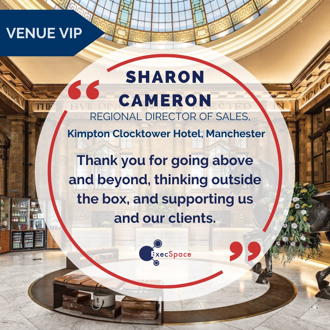 ExecSpace's tweet photo. Our #VenueVIP this month is Sharon Cameron, Regional Director of Sales @Kimpton in Manchester. Sharon, A.K.A Mrs. Manchester; you're a legend! When our client needed extra space you went above and beyond to find the perfect solution and utilised the amazing Refuge bar. THANK YOU! https://t.co/5XLExSRQpu