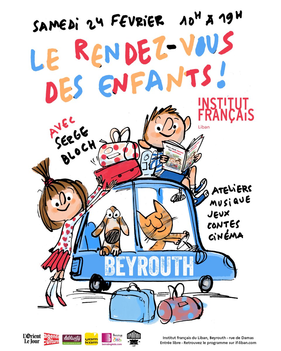 InstitutFrLiban's tweet photo. L’Institut français du Liban lance le 24 février 2024 le « Rendez-vous des enfants ». L'auteur et illustrateur renommé Serge Bloch sera l’invité d’honneur de cette journée.

Restez connectés pour découvrir le programme détaillé.

Toute l’équipe est impatiente de vous retrouver ! https://t.co/faWUVwMcrP