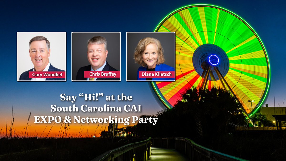 NorthStateBank's tweet image. Friends at the SC CAI Expo + Networking Event (Myrtle Beach)  
Stop by the CommunityPLUS booth to say hi to Chris, Diane and Gary—Booth # 44. You can also catch Gary as he leads sessions on “When you need money, you need it then!” and “Capital Projects Without Enough Reserves.”