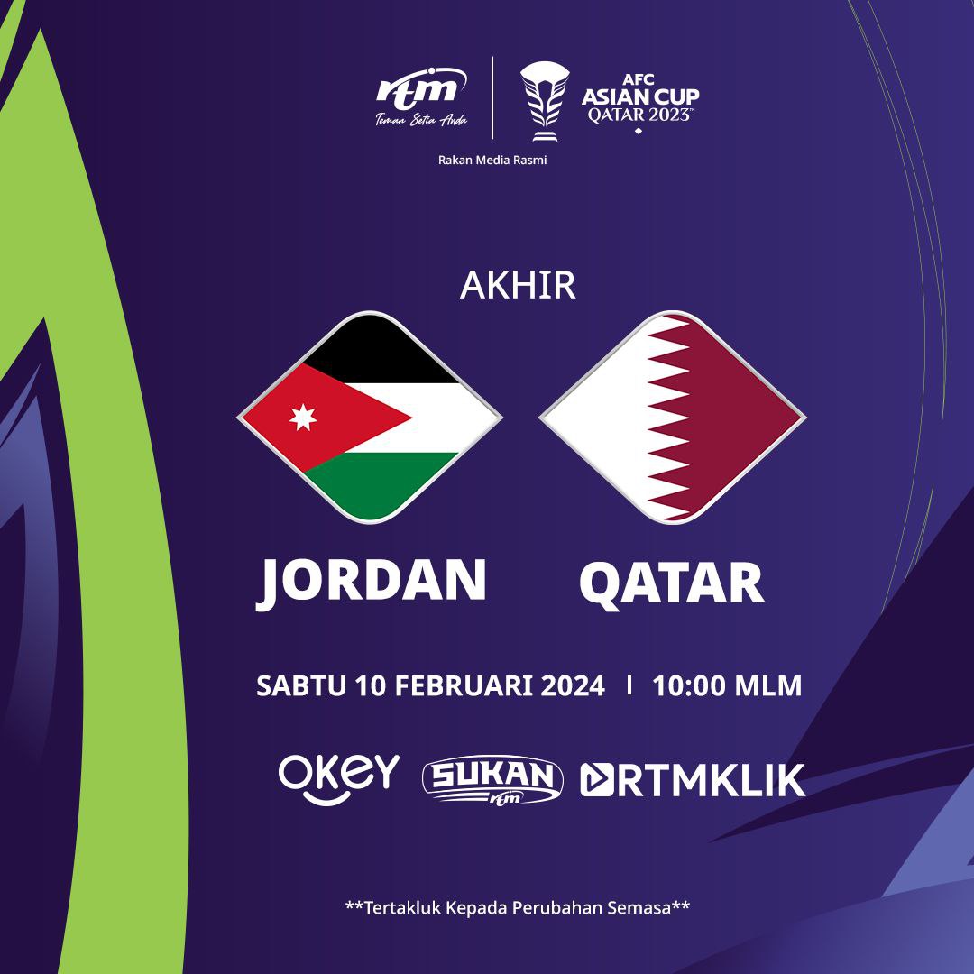 Saksikan Siaran Langsung perlawanan Akhir Kejohanan AFC Piala Asia Qatar 2023 di Saluran TV Okey, 146 Astro, 110 MYTV.
#saluransukanrtm #sukanuntuksemua  #temansetiaanda #RTMKlik
#PialaAsia2023 #PialaAsiaQatar2023
#PialaAsia2023RTM
