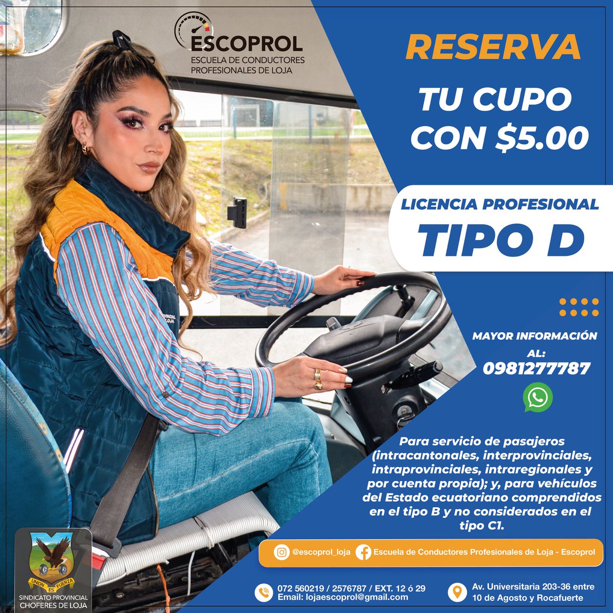 ¡Inscripciones abiertas!✍️🚚🚜🚛

¿Quieres aprender a conducir o ascender de categoría para la licencia profesional tipo D?😎 

Esta es tu oportunidad. Reserva tu cupo y forma parte de nuestra Escuela. 

Comunícate a nuestro WhastApp 📲 wa.me/message/THSA7E… 

#somosescoprol ✅