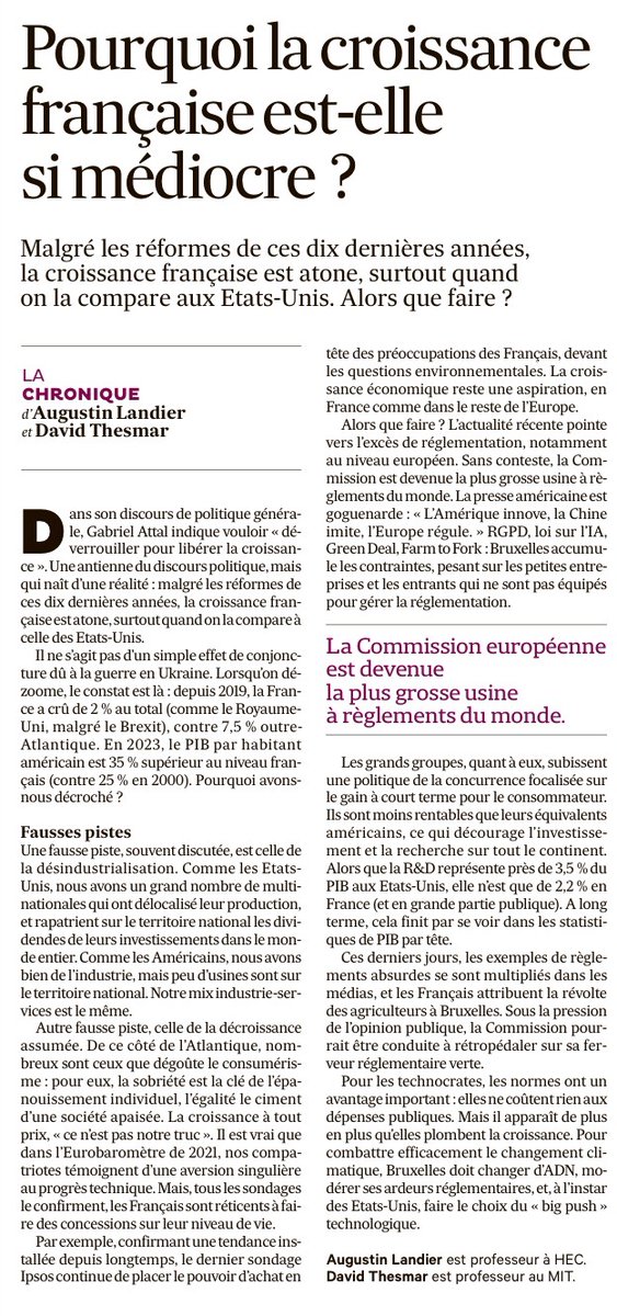dthesmar's tweet photo. Les normes ont l'avantage d'être gratuites pour les finances publiques, mais pas pour le PIB. C'est peut-être la raison de la très faible croissance française depuis 25 ans. Avec @augustinlandier https://t.co/QmUbupOZa2