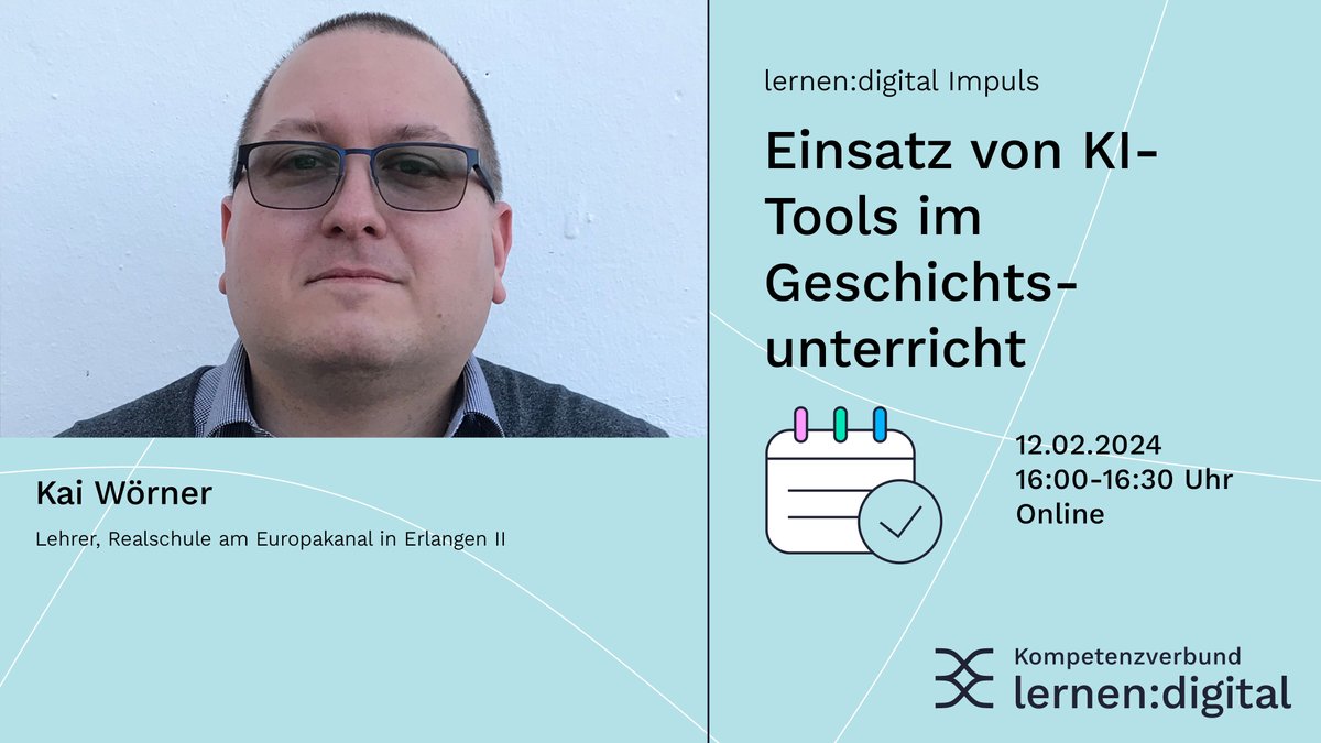 Kompetenzverbund lernen:digital (@lernendigitalde) on Twitter photo Welche Möglichkeiten bieten KI-Tools für den Geschichtsunterricht? Einen Einblick gibt <a href="/Woe_Real/">Kai Wörner</a> in unserem #lernendigital Impuls. Jetzt anmelden!
📅 Montag, 12. Februar 2024
🕓 16:00 Uhr
➡️ Zur Anmeldung: lernen.digital/veranstaltunge… Welche Möglichkeiten bieten KI-Tools für den Geschichtsunterricht? Einen Einblick gibt <a href="/Woe_Real/">Kai Wörner</a> in unserem #lernendigital Impuls. Jetzt anmelden!
📅 Montag, 12. Februar 2024
🕓 16:00 Uhr
➡️ Zur Anmeldung: lernen.digital/veranstaltunge…