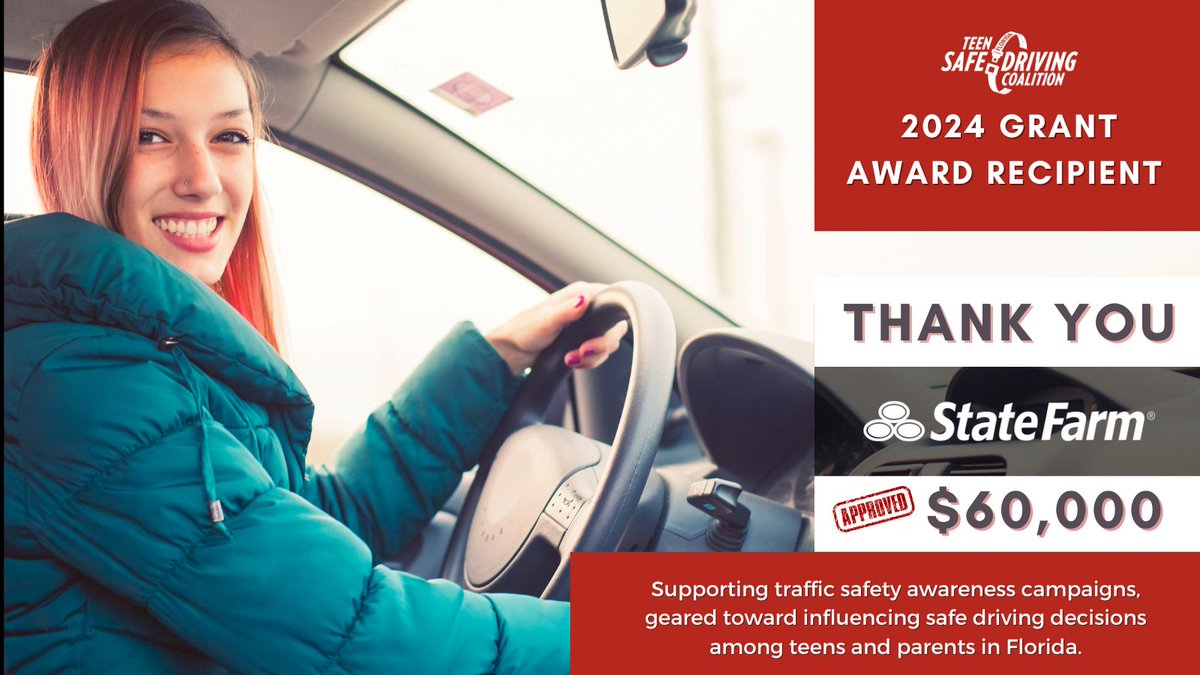 FL Teen Safe Driving (@flteensafedrive) on Twitter photo 🚀Thrilled to announce that the <a href="/FLTeenSafeDrive/">FL Teen Safe Driving</a> Coalition has been awarded a $60,000 traffic safety grant for 2024 by <a href="/StateFarm/">State Farm</a>! 🌟 Join us in extending a massive THANK YOU to State Farm for their continuous support in promoting Teen Traffic Safety education in #Florida. 🙌 🚀Thrilled to announce that the <a href="/FLTeenSafeDrive/">FL Teen Safe Driving</a> Coalition has been awarded a $60,000 traffic safety grant for 2024 by <a href="/StateFarm/">State Farm</a>! 🌟 Join us in extending a massive THANK YOU to State Farm for their continuous support in promoting Teen Traffic Safety education in #Florida. 🙌
