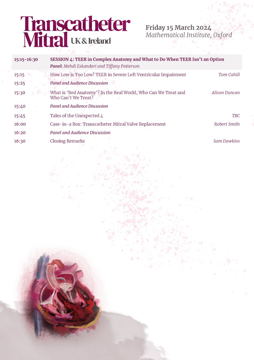 Millbrook Medical Conferences (@millbrookmed) on Twitter photo <1 month until #TranscatheterMitral UK & Ireland, take a look at the programme below!
Expect a live case, #TEER tips and tricks, a #TMVR case-in-a-box, interactive discussions and more: millbrook-events.co.uk/TranscatheterM…
<a href="/samdawkins/">Sam Dawkins</a> <a href="/tomjcahill/">Tom Cahill MD PhD</a> <a href="/RAAnderson1/">Richard Anderson</a>
#Cardiology #CardioEd <1 month until #TranscatheterMitral UK & Ireland, take a look at the programme below!
Expect a live case, #TEER tips and tricks, a #TMVR case-in-a-box, interactive discussions and more: millbrook-events.co.uk/TranscatheterM…
<a href="/samdawkins/">Sam Dawkins</a> <a href="/tomjcahill/">Tom Cahill MD PhD</a> <a href="/RAAnderson1/">Richard Anderson</a>
#Cardiology #CardioEd