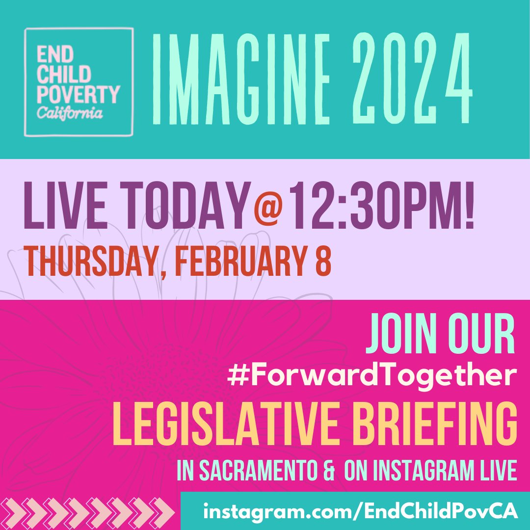 🎉Join us TODAY in #Sacramento & online for the IMAGINE 2024 #ForwardTogether Legislative Briefing! 

🕐Welcome @ noon
🕕Event & livestream ➡️ 12:30pm

🌻Details:  bit.ly/2024legbriefing  
🌟Watch live instagram.com/endchildpovca/

The @EndChildPovCA Coalition is ready! #CALeg