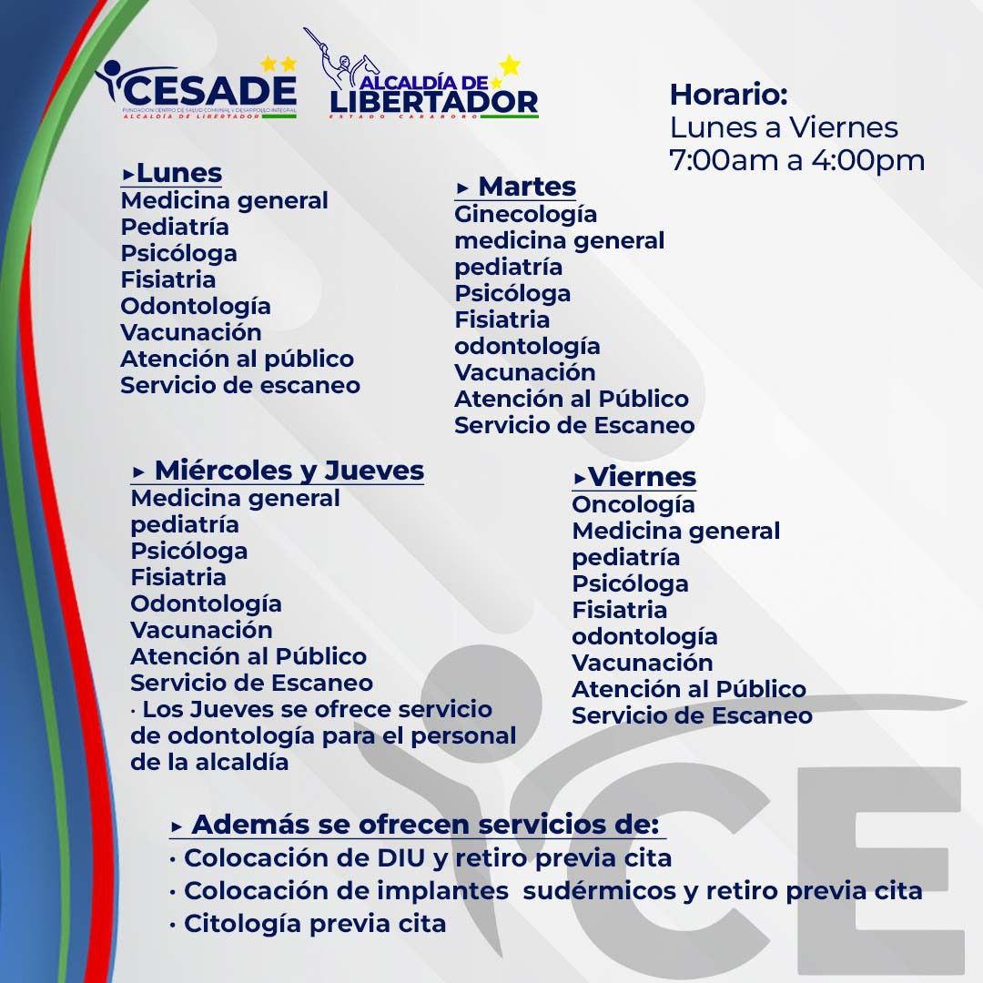 Todas estas especialidades de la salud te las ofrece la nuestra Fundación (Cesade) de manera gratuita. 

¡Un servicio médico de calidad!

Este es el listado de especialidades que te ofrecemos  de manera gratuita de lunes a viernes