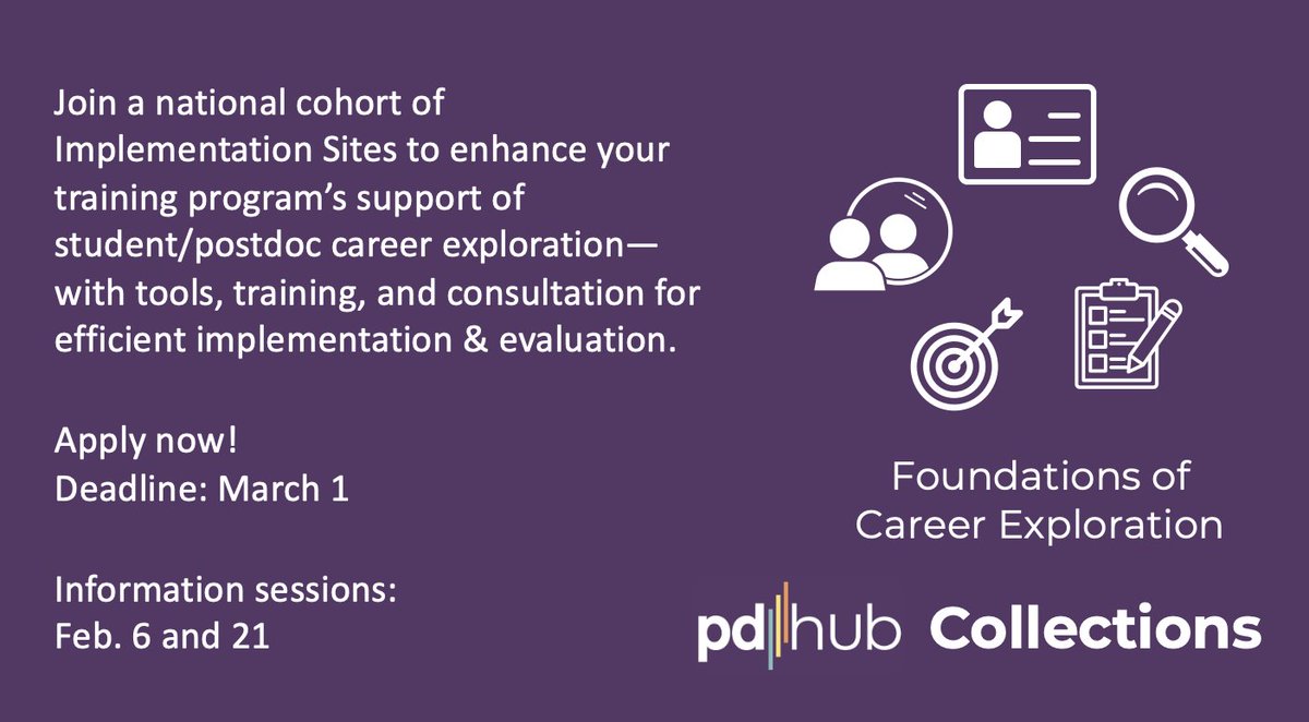 Seeking to enhance how your training program supports #PhD students/postdocs in their career planning? Apply now to access lesson plans & expert consultations via @NIH-funded #pdhubCollections @pdhubSTEM. Information session on February 21.  bit.ly/3S17Byf