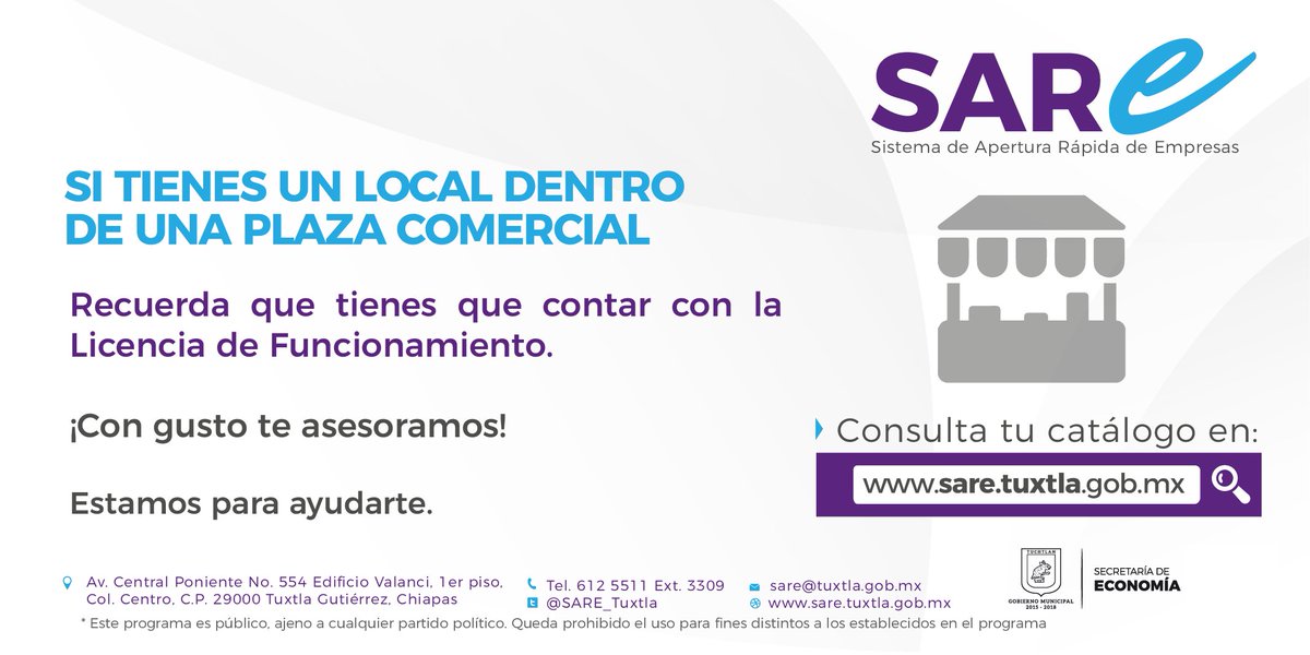 SARE_Tuxtla's tweet photo. Apertura o Refrenda la Factibilidad y Licencia de Funcionamiento de tu negocio en tres dias y obten multiples beneficios @gcaceres28 @TuxtlaCapital https://t.co/ZMpjKjssNq