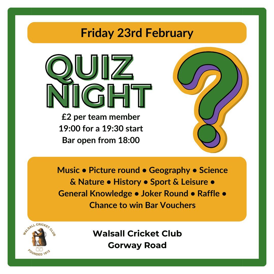 ❓QUIZ NIGHT 🧐 
Come along to Walsall on Friday 23rd Feb for our quiz night, with Music, Geography, Science &amp; Nature, History, Sport &amp; Leisure, General Knowledge, picture and joker rounds! 
£2 per team member with the chance to win bar vouchers! 🙌
Bar open  18:00, quiz at 19:30