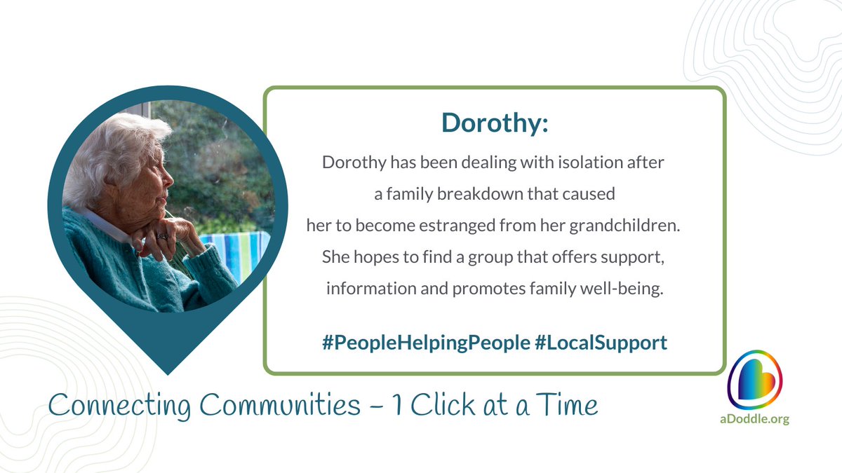 aDoddle_UK's tweet image. &apos;Dorothy&apos; has been dealing with a family breakdown that caused her to become estranged from her grandchildren. She hopes to find a group that offers support, information &amp;amp; promotes family well-being.

For 𝗘𝘃𝗲𝗿𝘆𝗼𝗻𝗲 and 𝗘𝘃𝗲𝗿𝘆 𝗖𝗼𝗺𝗺𝘂𝗻𝗶𝘁𝘆📍

#CommunityMaps
