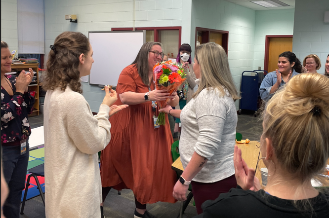 BESbulldogs's tweet photo. Our team gathered for breakfast to celebrate Ellen Rogers, our IB PYP Coordinator, winning the Justice Pyramid Outstanding Professional Employee award. Huge congratulations, Ms. Rogers! Your dedication to Belvedere is appreciated by teachers, staff, students, and families alike! https://t.co/BwQsJNkddt
