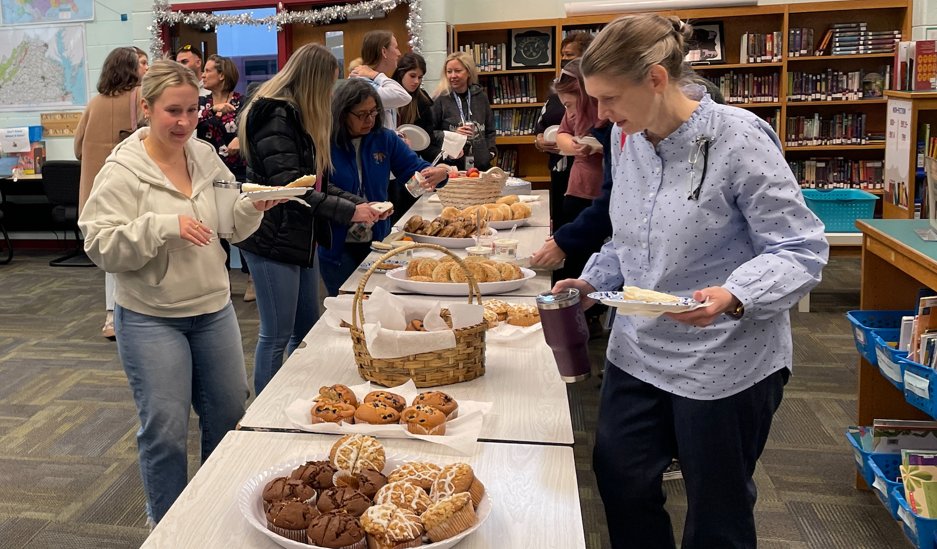 BESbulldogs's tweet photo. Our team gathered for breakfast to celebrate Ellen Rogers, our IB PYP Coordinator, winning the Justice Pyramid Outstanding Professional Employee award. Huge congratulations, Ms. Rogers! Your dedication to Belvedere is appreciated by teachers, staff, students, and families alike! https://t.co/BwQsJNkddt