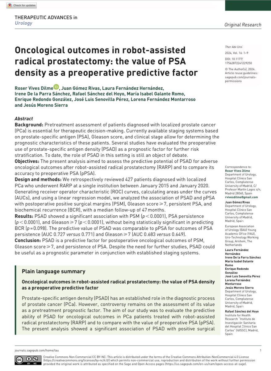 After radical prostatectomy, PSA density is a predictive factor for: 😷positive surgical margins Gleason score ⩾ 7 PSA persistence #prostatecancer @rvivesdilme @JesusMorenosier @lfmuser @Galante_Isabel @IIS_IdISSC @UrologiaClinico journals.sagepub.com/doi/10.1177/17…