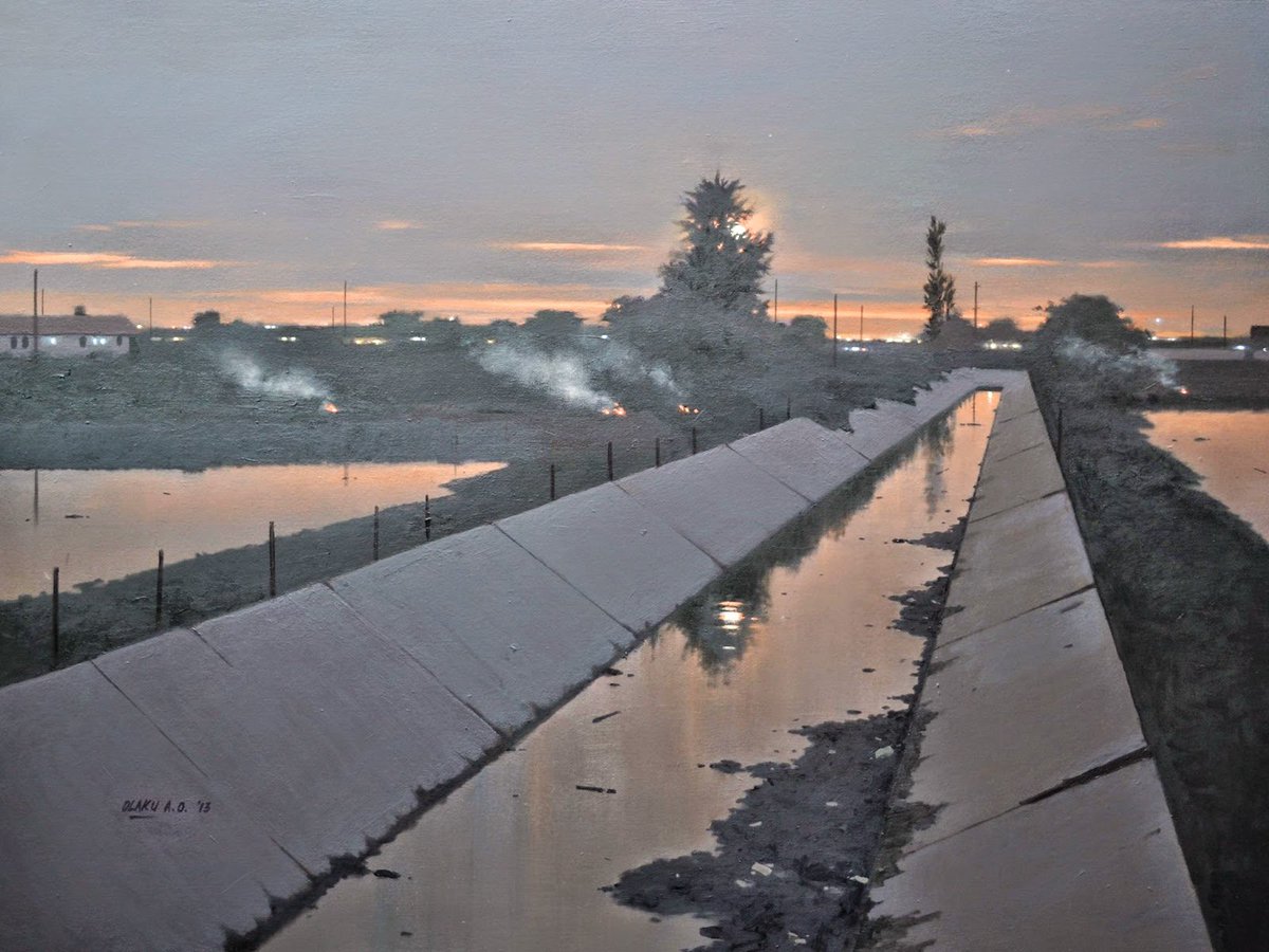 FedeItaliano76's tweet image. Crepuscular suburbs by Nigerian painter Abiodun Olaku (born 1958)