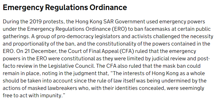 I am old enough to remember when the UK Government was 'closely monitoring' the Hong Kong Government for introducing an emergency law banning masks in response to massive pro-democracy protests (Hansard, 7 Oct 2019; UK six monthly report on Hong Kong, July 2021)