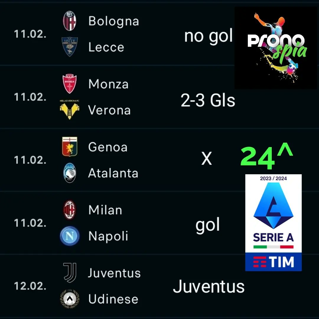 pronospia's tweet photo. 24^ Giornata #SerieA
#scommessesportive #scommessevincenti #bet #betting #tipster #scommessecalcio #pronosticicalcio #bettingtips #calcio #bettingexpert #pronostici #pronosticivincenti #soccer #schedina #bettingtipster #scommessa #pronosticisportivi #schedinevincenti #schedine https://t.co/XvsoapMhlo