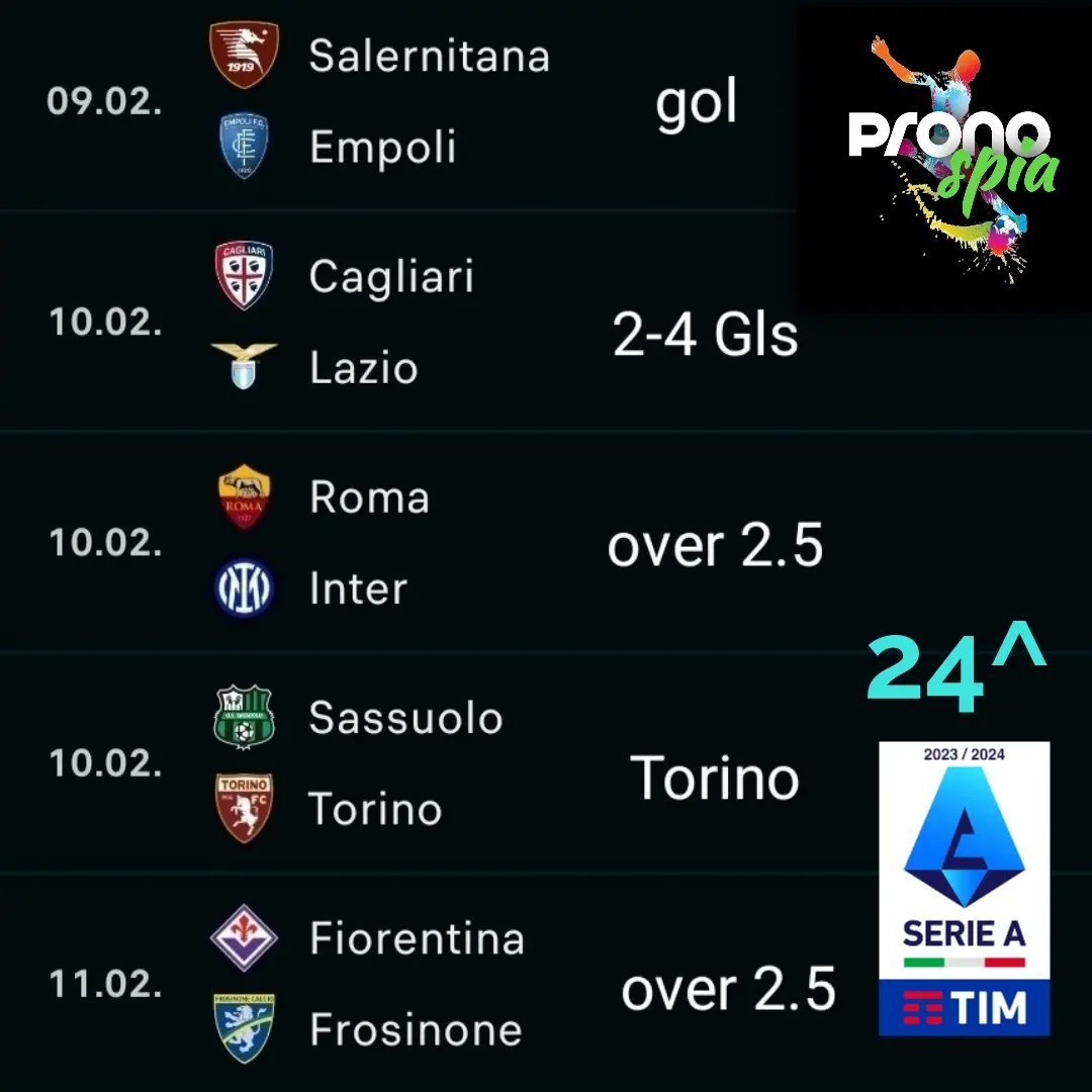 pronospia's tweet photo. 24^ Giornata #SerieA
#scommessesportive #scommessevincenti #bet #betting #tipster #scommessecalcio #pronosticicalcio #bettingtips #calcio #bettingexpert #pronostici #pronosticivincenti #soccer #schedina #bettingtipster #scommessa #pronosticisportivi #schedinevincenti #schedine https://t.co/XvsoapMhlo