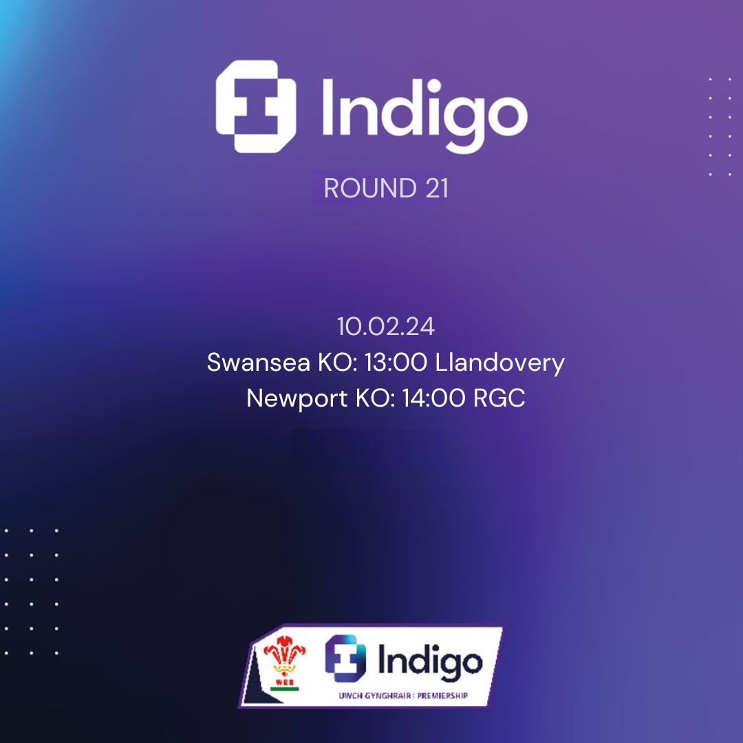 The Indigo Group Premiership 🏉🏆

Round 21!
Starting tonight, 8th February with Swansea v Llandovery 📅 

#IndigoPrem #Rugby