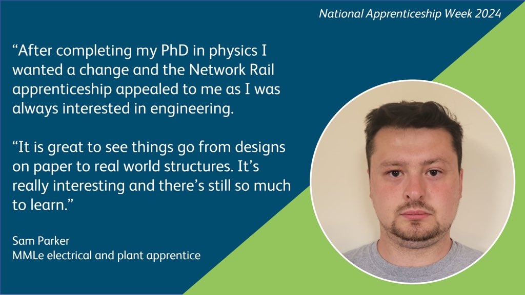 Introducing Sam who is an electrical and plant apprentice working on the Midland Main Line Upgrade. After completing his PhD in physics, Sam decided he’d like a change and decided pursue a career in engineering. #NAW2024