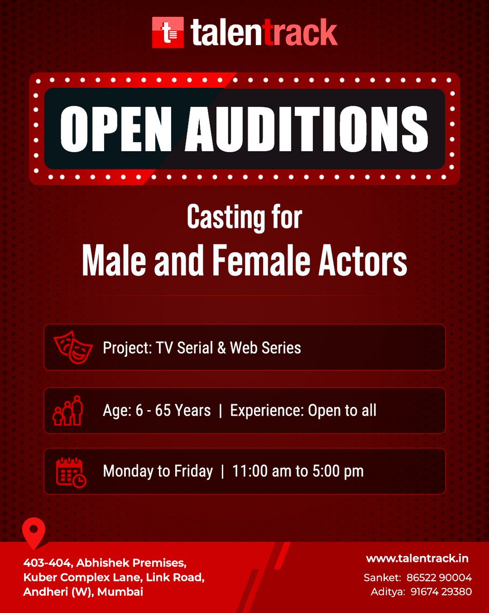 Walk into our Mumbai Studio to audition for multiple projects.

Required - Male & Female Actors

For queries, please contact - 8652290004/9167429380

#Auditions #OpenAuditions #Actors #Models #Talentrack #Mumbai