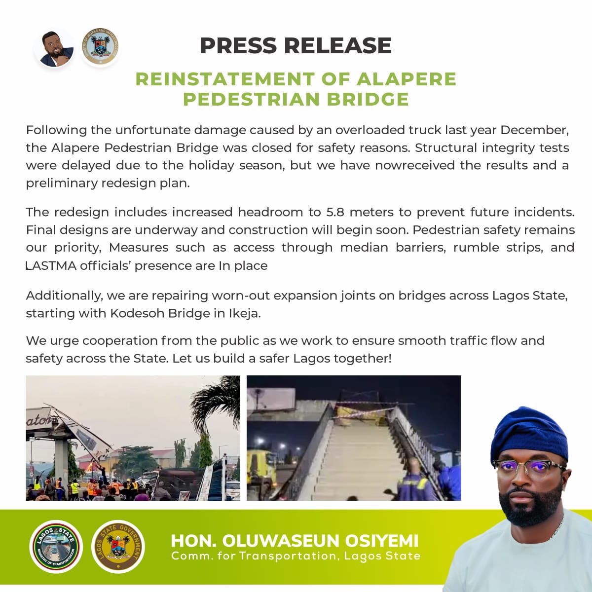 seunosiyemi_'s tweet photo. Reinstatement of Alapere Pedestrian Bridge
#transportationinlagos
#lastma #RedLine #RedLineRail
#lagosstate
#lagostransport
#lagosliving
#lagosstategovt
#lagosforlagos
#betterlagos #lagoswaterways
#lagoswaterway #LagosOnTrack
#LRMTblueLine #LRMTredLine
#GreaterLagos https://t.co/ywXLEGbPAQ
