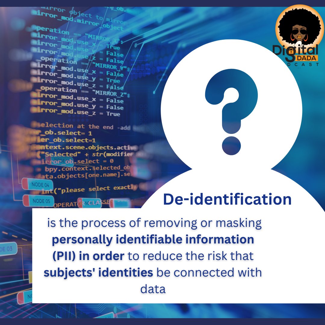 Ddadapodcast's tweet photo. Do you know the importance of De-identification in data privacy?
#DigitalDadaPodcast https://t.co/H6z0o1ToWZ