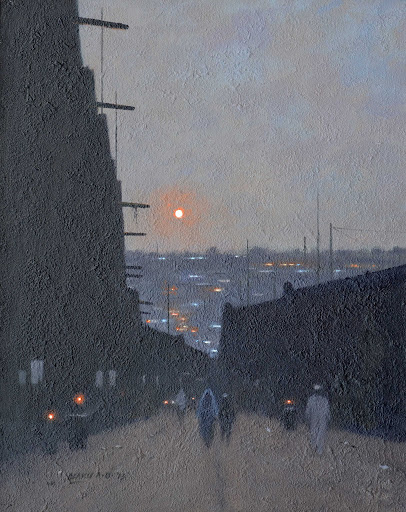 FedeItaliano76's tweet image. Crepuscular suburbs by Nigerian painter Abiodun Olaku (born 1958)