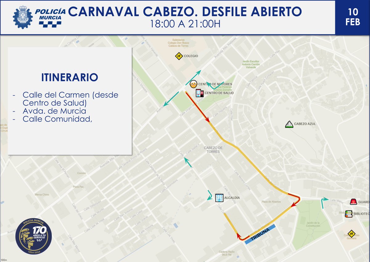 🥳 Esta tarde, a partir de las 18:00 horas, se celebra un desfile de #carnaval🎭en #Cabezo de Torres.
Téngalo en cuenta en sus desplazamientos. 
Ver recorrido🗺️⬇️
