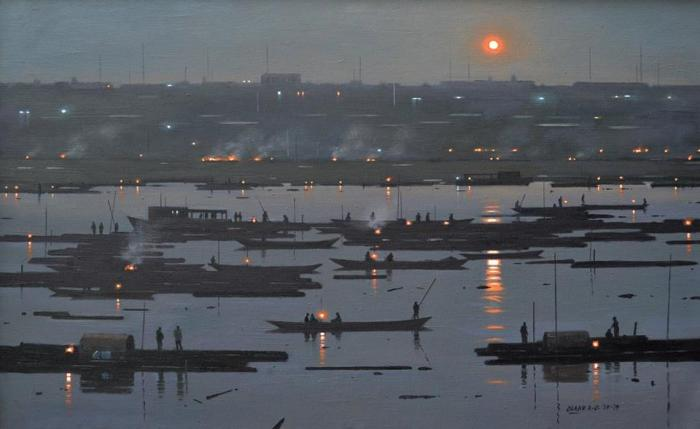 FedeItaliano76's tweet image. Crepuscular suburbs by Nigerian painter Abiodun Olaku (born 1958)