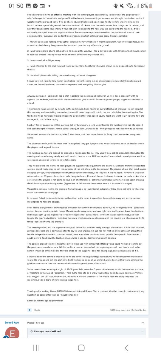 glen9mullan's tweet photo. I did a summary on BRFCS last night, happy to meet anyone for coffee. The threats recieved over the CCTV I'm taking seriously, if a supporter finds the need to issue threats you are worse than the circus. 2 be clear we was not told to keep the meeting secret, i tweeted as soon as https://t.co/E9pdoL9D0K