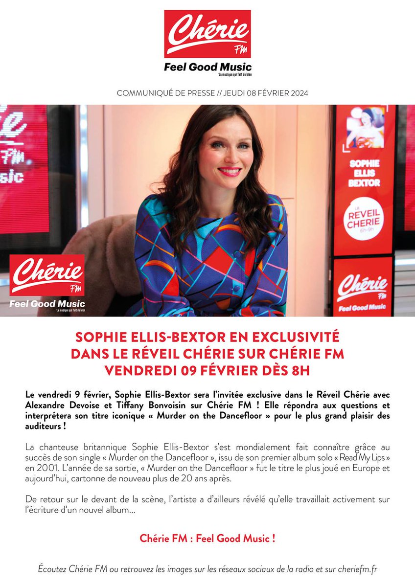 SOPHIE ELLIS-BEXTOR EN EXCLUSIVITÉ SUR CHÉRIE FM VENDREDI 9 FÉVRIER.
#SophieEllisBextor