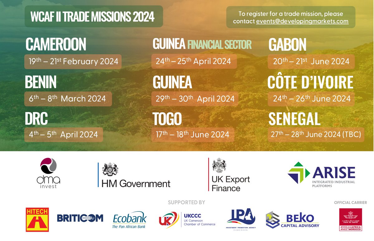 DMA (@dma_tweet) on Twitter photo Following WCAF II, we are delighted to take our annual series of trade missions to the Francophone region of West and Central Africa in 2024.
For any further information, or to register, please contact events@developingmarkets.com. Following WCAF II, we are delighted to take our annual series of trade missions to the Francophone region of West and Central Africa in 2024.
For any further information, or to register, please contact events@developingmarkets.com.