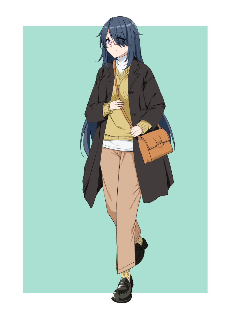 hayashimo (kancolle) 1girl solo long hair hair over one eye sweater full body bag  illustration images