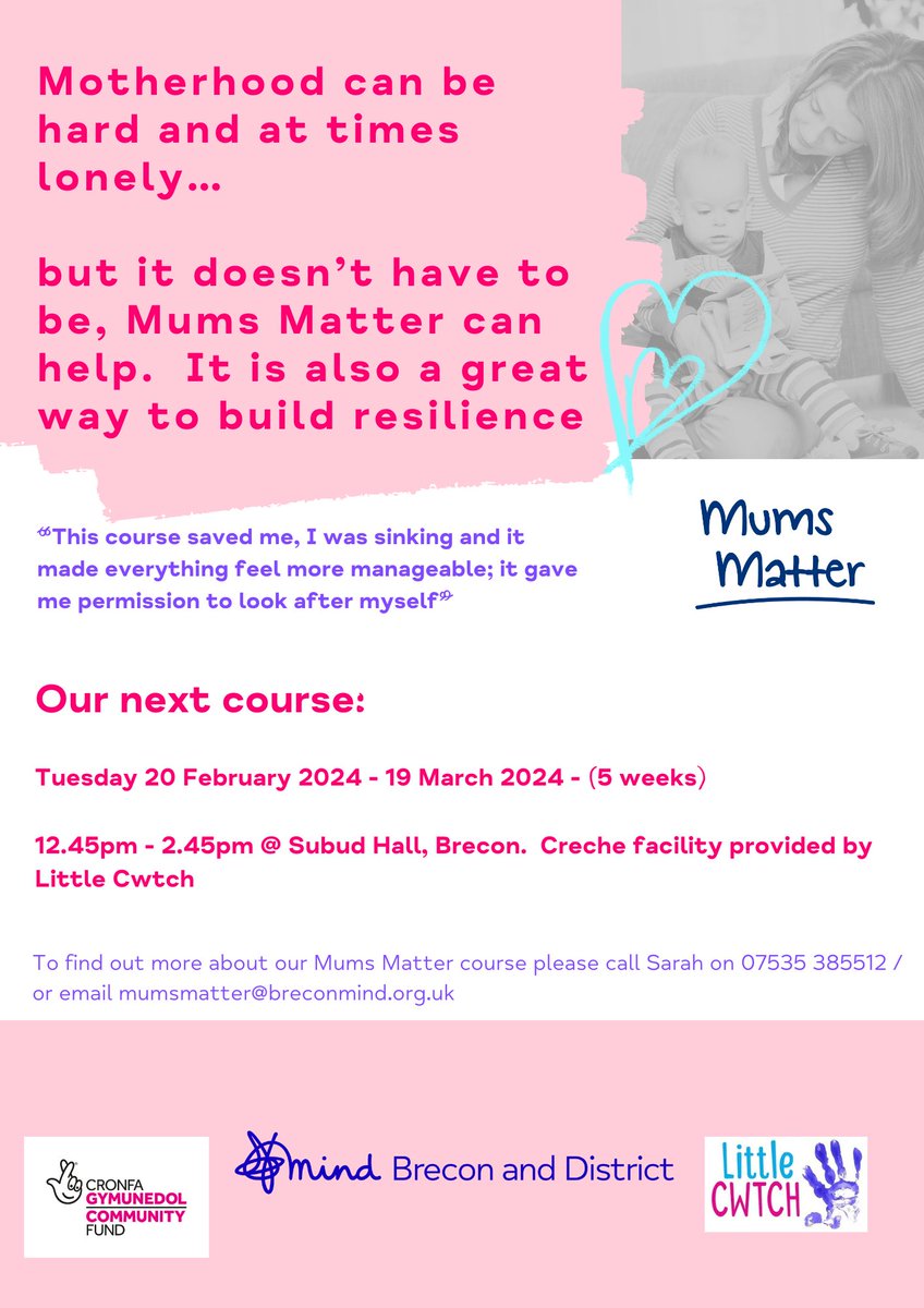 The brilliant Mums Matter course from @BreconMind starts again on Tues 20 February in #Brecon. If you know a new Mum who'd benefit from support please let them know. #MumsMatter #PostnatalWellbeing #Brecon #MidWales #Powys