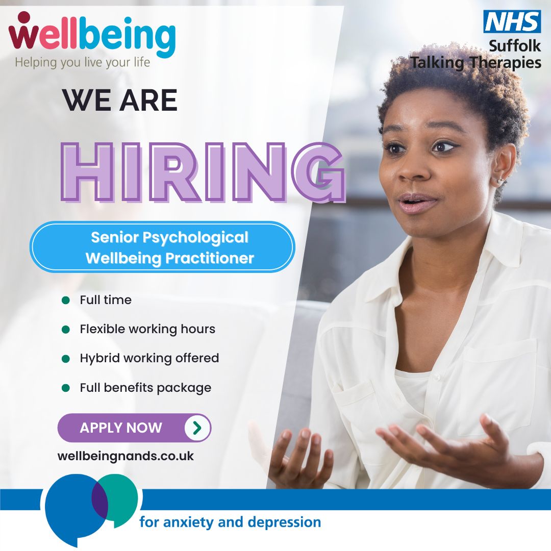 We currently have a great opportunity for Psychological Wellbeing Practitioner with at least 9 months post qualification experience, who is passionate about the Step 2 model, to develop their career within the service. 

wellbeingnands.co.uk/suffolk/senior… 

#PWPjobs #SuffolkTalkingTherapies